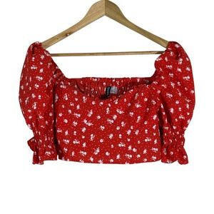H&M Divided Puff Sleeve Floral Polka Dot Crop Top Red Cottagecore Size S